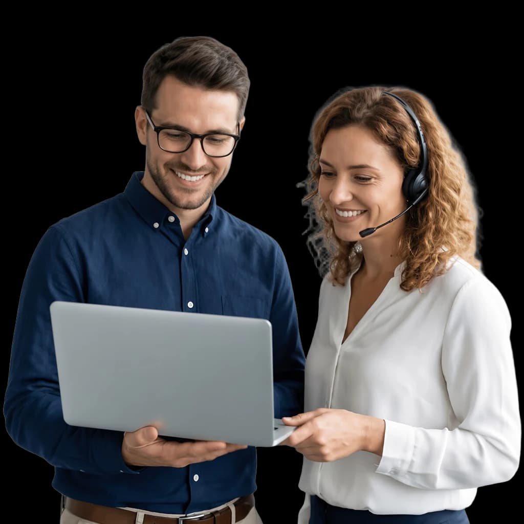 Deux techniciens SkillDesk consultant un ordinateur portable