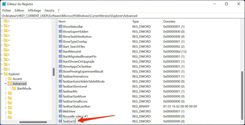 redimensionner la barre des taches - editeur de registre Windows 11